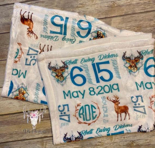 Custom Buck themed Baby Blanket with Birth Stats